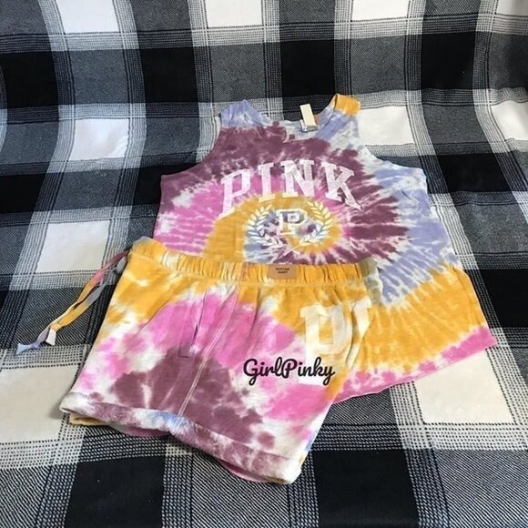 victoria secrets PINK shorts outfit IN TIE DYE & MATCHING LOGO TANK SIZE LARGE - Picture 6 of 7